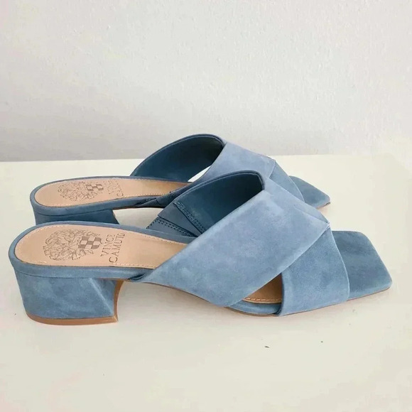 Vince Camuto 7.5 Seedanta Block Heel Nubuck Leather Mule Low Sandal Blue Haze - Picture 6 of 7